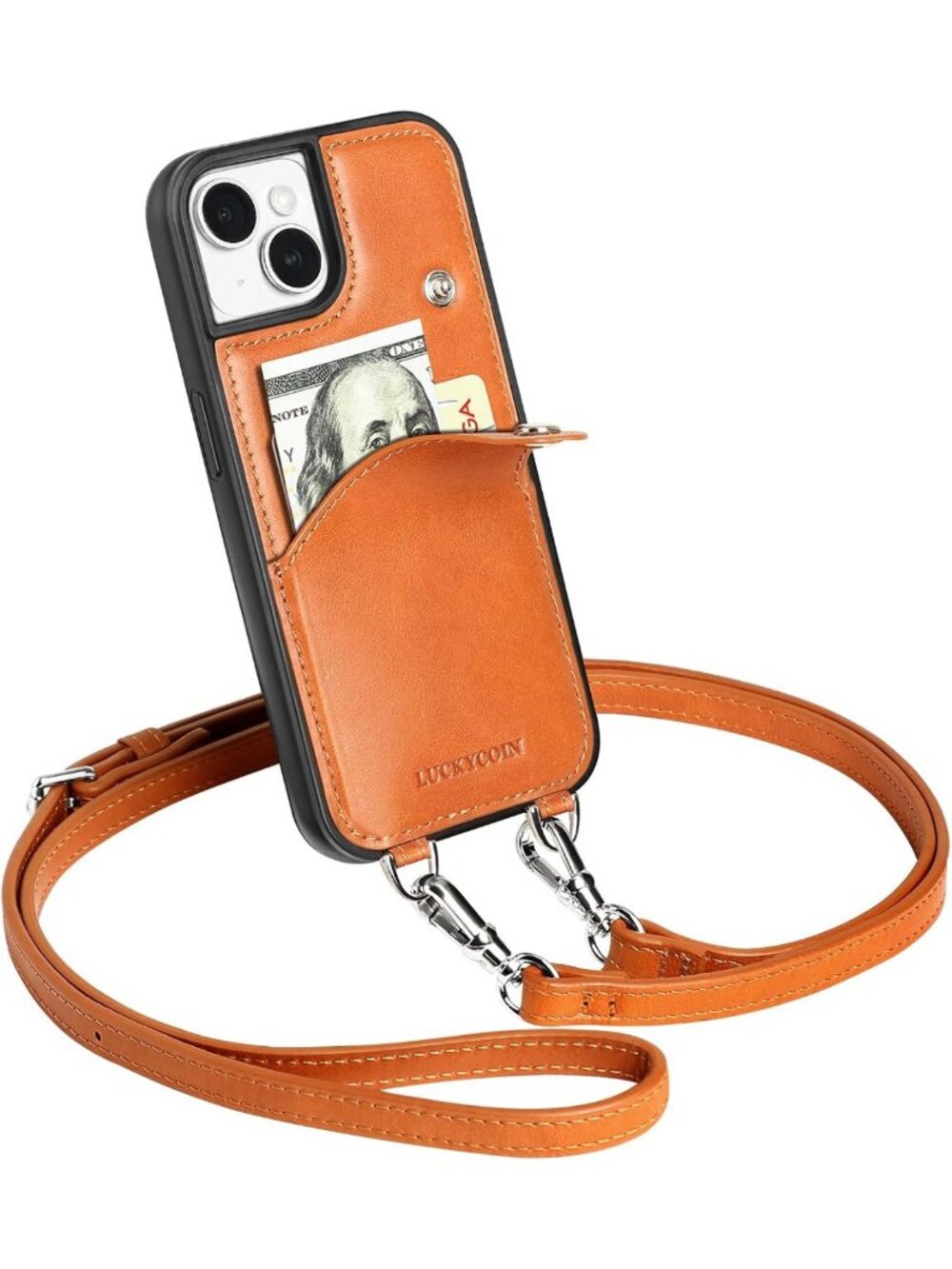 Stylish Genuine Leather Crossbody Wallet Purse for iPhone 14 - Brown Color